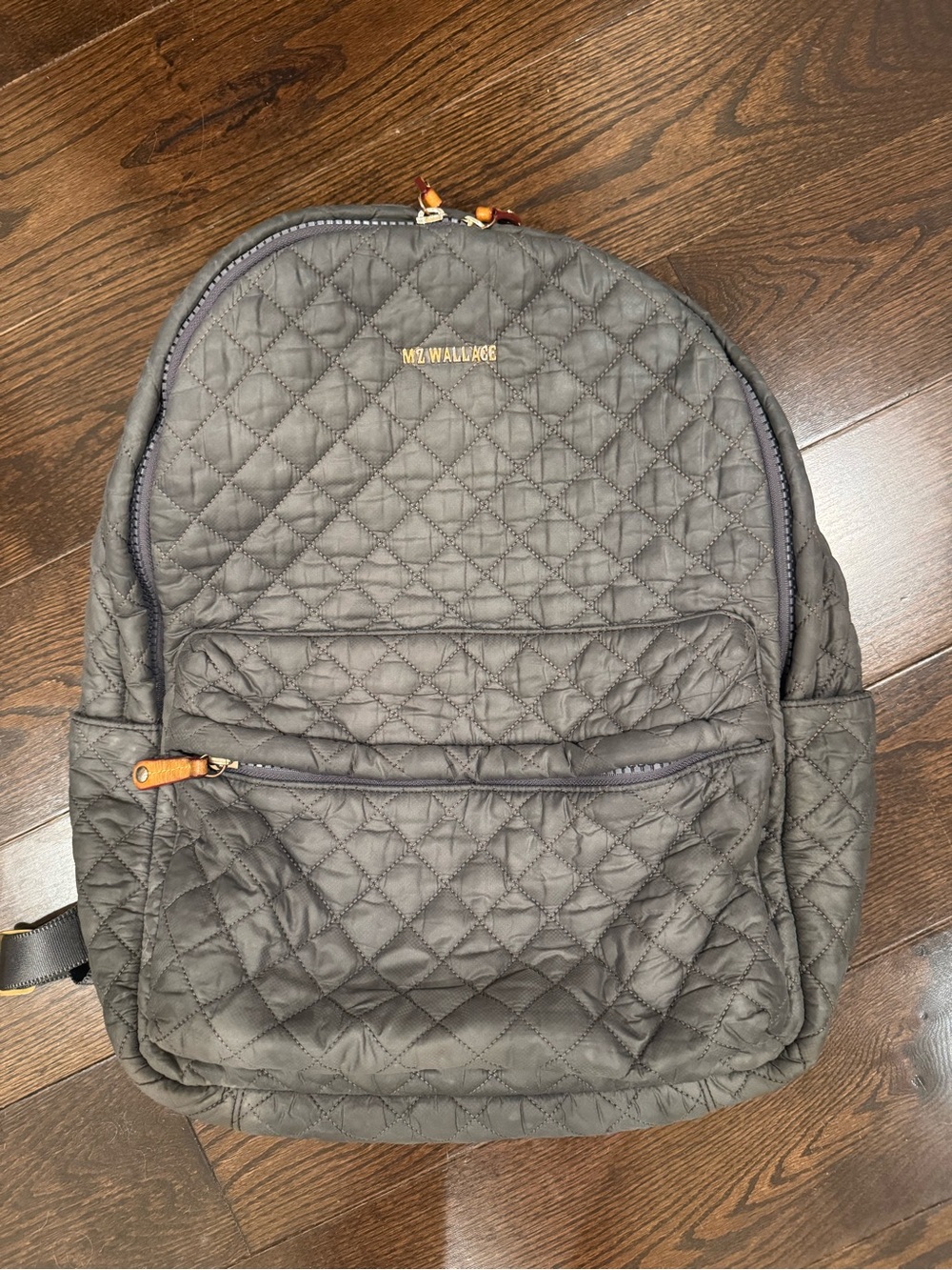 MZ Wallace Quilted Charcoal Backpack with Tan Accents